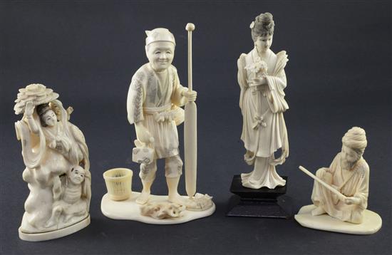 Three Japanese ivory okimono and a Chinese ivory figure, early 20th century, 8.5 - 18cm